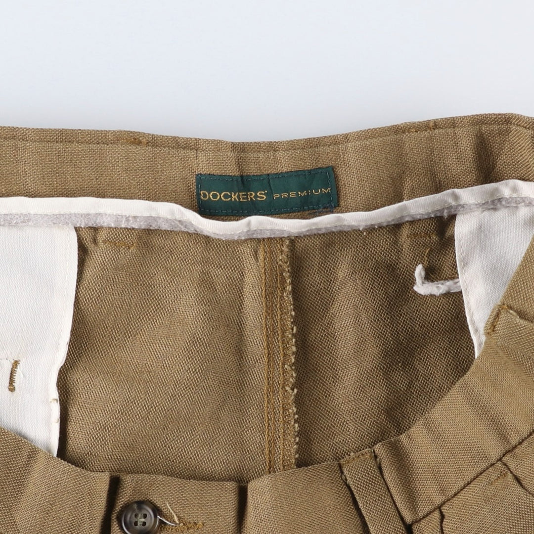 2000'S Dockers Premium Pleated Relaxed Fit Two-Pleated Linen Pants, Men's Size 36 linen brown type Vintage Second Hand