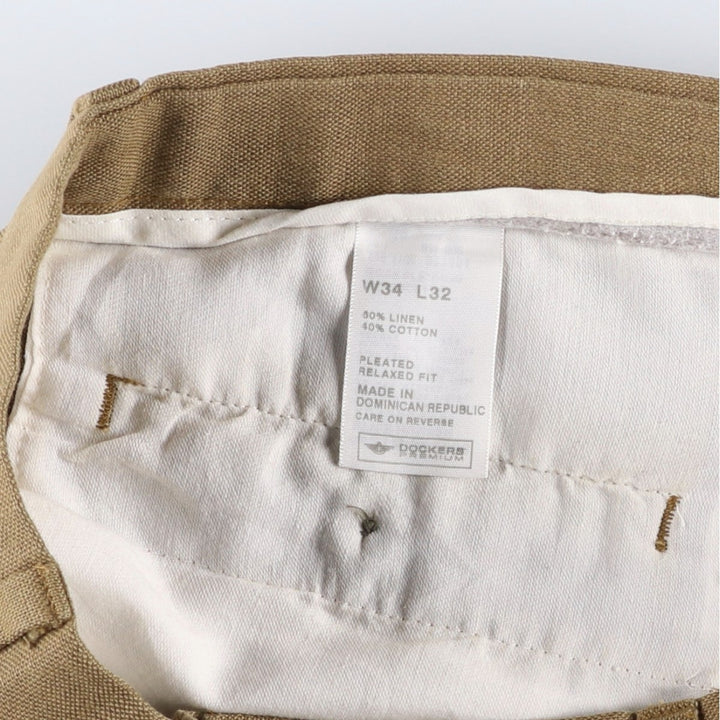 2000'S Dockers Premium Pleated Relaxed Fit Two-Pleated Linen Pants, Men's Size 36 linen brown type Vintage Second Hand