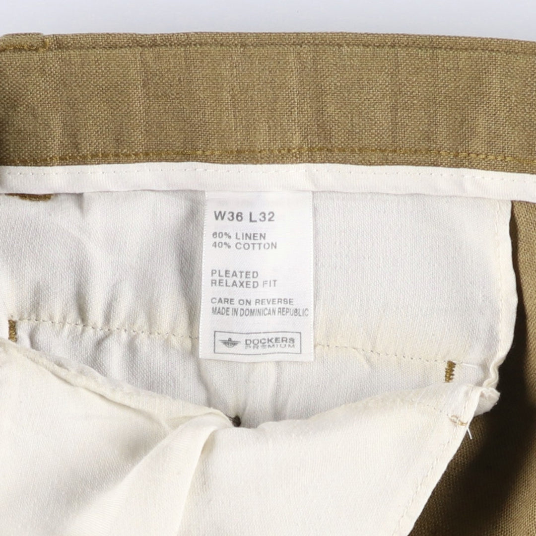 2000'S Dockers Premium Pleated Relaxed Fit Two-Pleated Linen Pants, Men's Size 36 linen brown type Vintage Second Hand