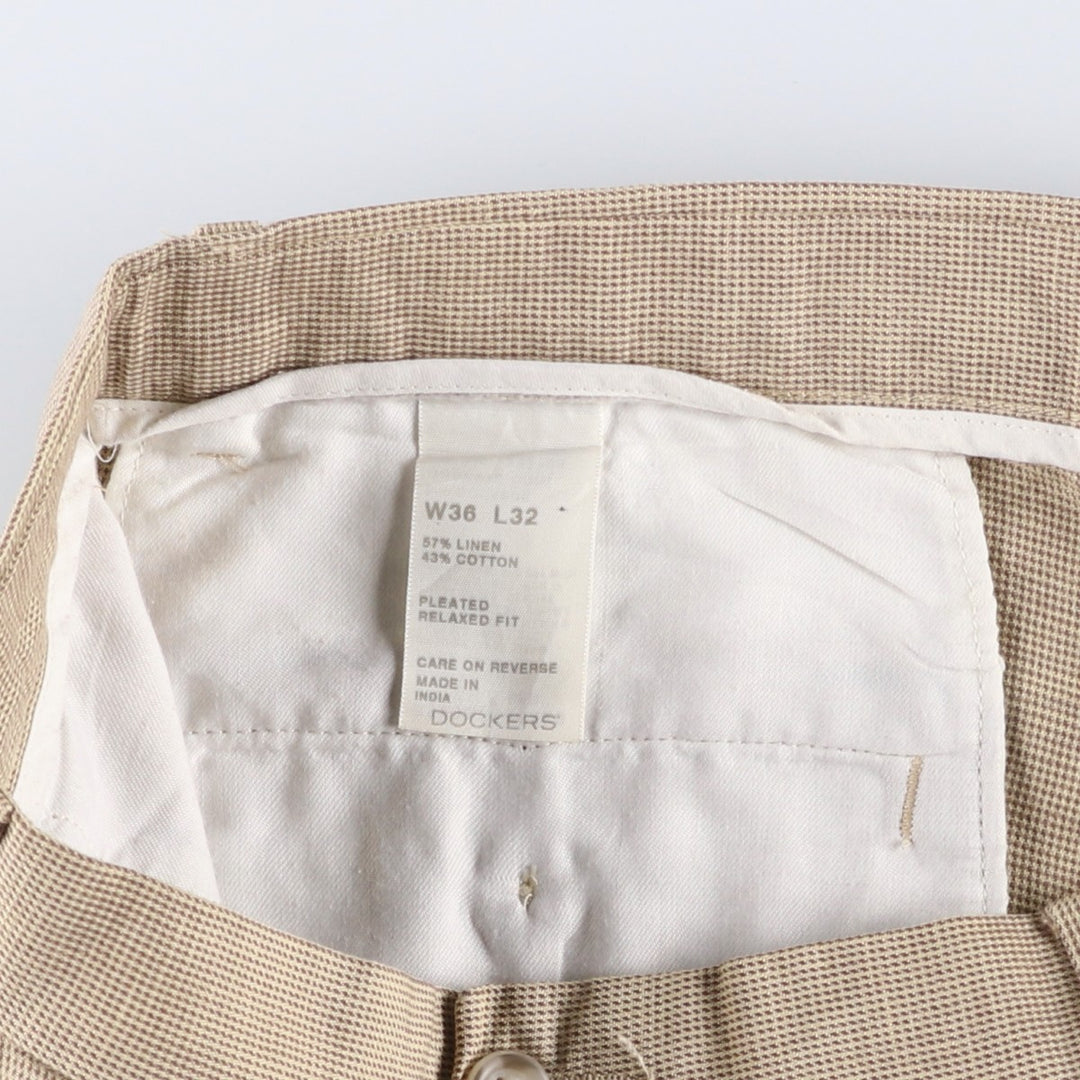 Dockers Premium Pleated Relaxed Fit Check Pattern Two-Pleated Linen Pants, Men's Size 37 linen Beige type Vintage Second Hand