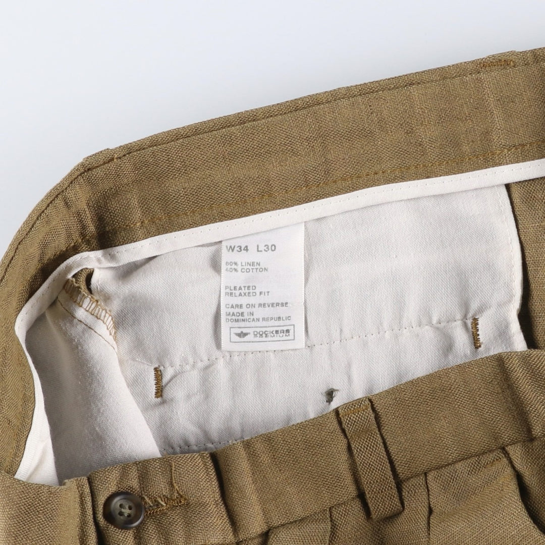 2000'S Dockers Premium Pleated Relaxed Fit Two-Pleated Linen Pants, Men's Size 34 linen brown type Vintage Second Hand