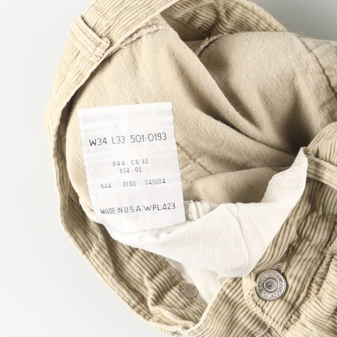 Levi's 501-0193 Corduroy Pants, Made in USA, Men's, Size W34 cotton yellow type Vintage Second Hand