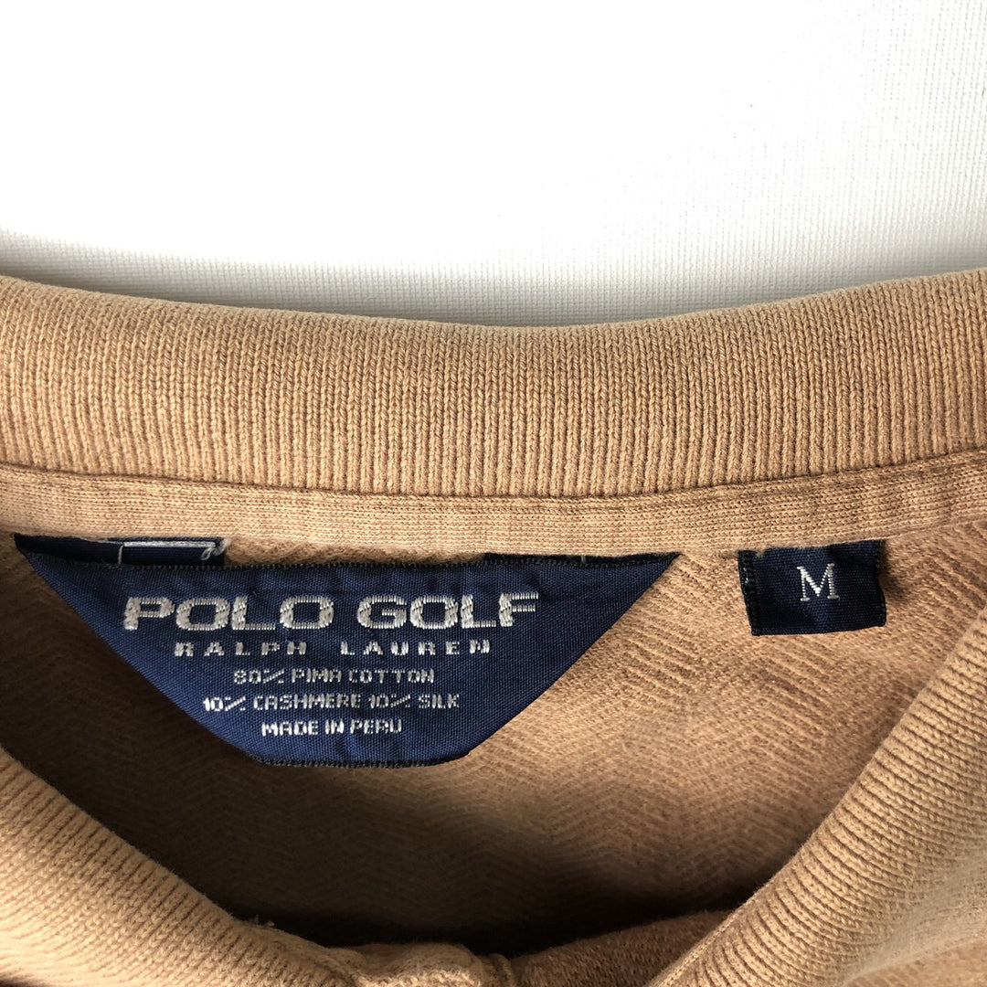 Ralph Lauren POLO GOLF herringbone long-sleeved polo shirt, men's size M Pima Cotton Camel type Vintage Second Hand
