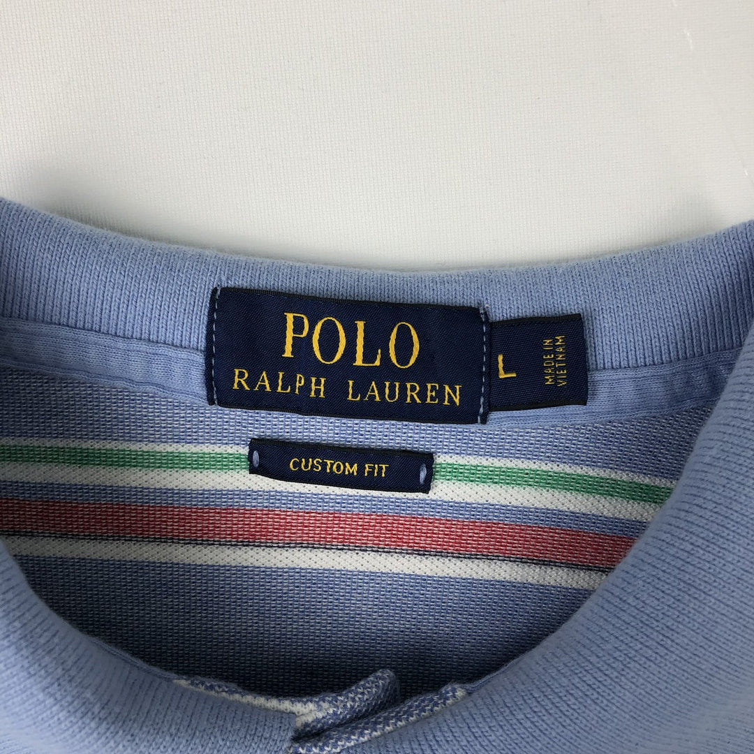 Ralph Lauren POLO RALPH LAUREN CUSTOM FIT Multi-Border Short Sleeve Polo Shirt, Men's Size L cotton Blue type light blue Vintage Second Hand