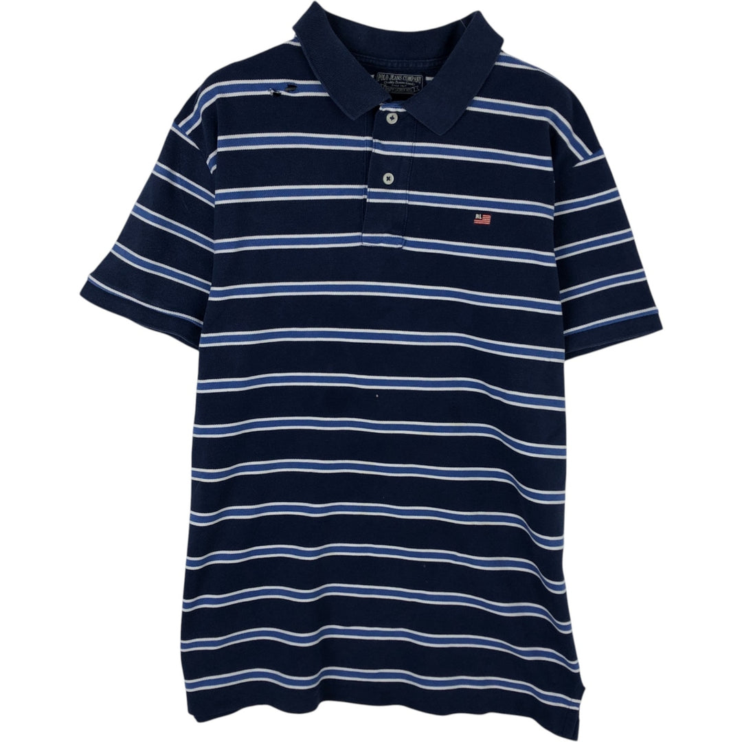 Ralph Lauren Polo Jeans Company multi-border short-sleeved polo shirt, men's size XL cotton navy blue type Vintage Second Hand