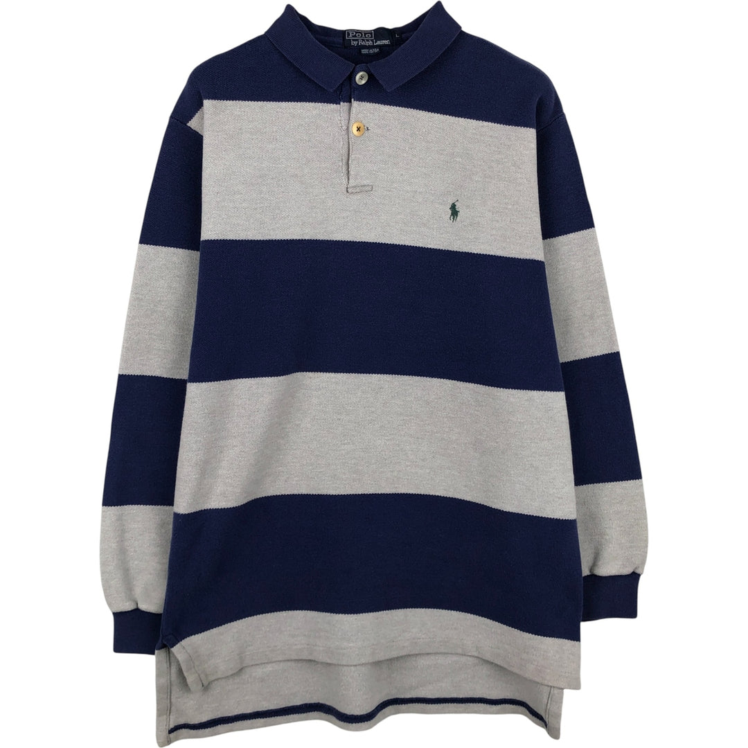 Vintage 90'S Ralph Lauren POLO by Ralph Lauren long-sleeved striped polo shirt, made in the USA, size L, men's cotton gray type Vintage Second Hand