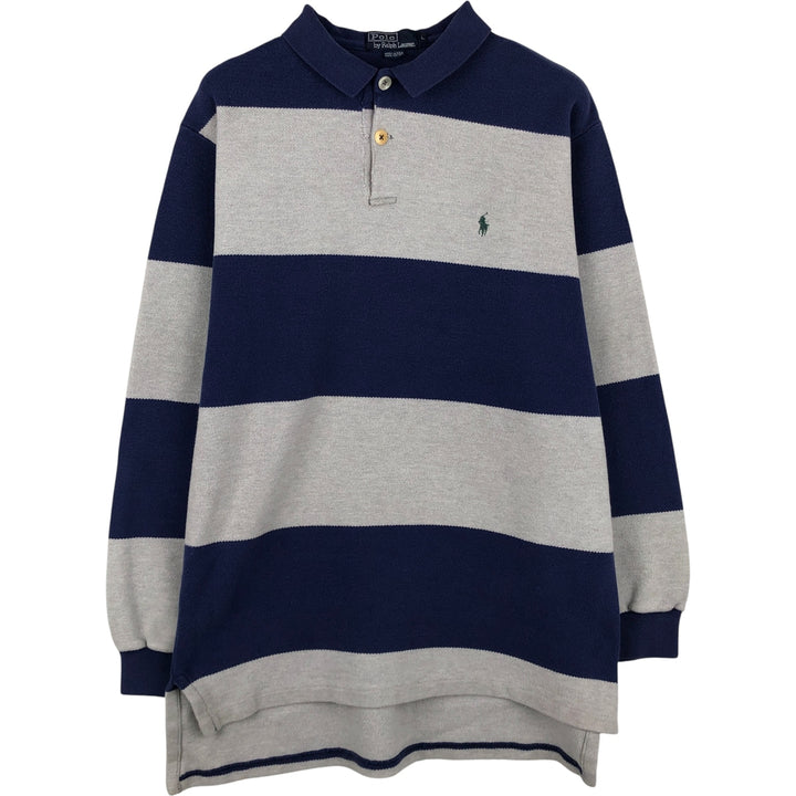 Vintage 90'S Ralph Lauren POLO by Ralph Lauren long-sleeved striped polo shirt, made in the USA, size L, men's cotton gray type Vintage Second Hand