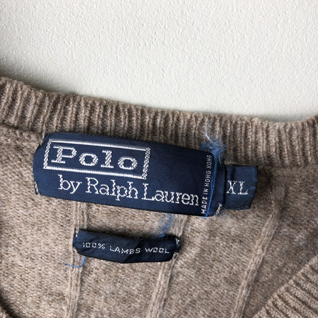 Ralph Lauren POLO by Ralph Lauren V-neck wool knit vest, men's size XL Lamb wool Beige type Vintage Second Hand
