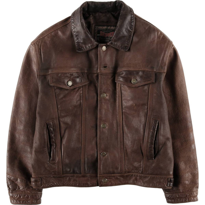SKIPPER Trucker Jacket Leather Jacket Men's Size L (approx.) Vintage Genuine Leather Cowhide brown type Vintage Second Hand
