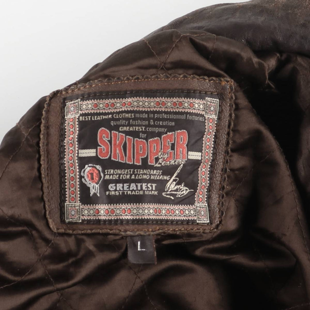 SKIPPER Trucker Jacket Leather Jacket Men's Size L (approx.) Vintage Genuine Leather Cowhide brown type Vintage Second Hand