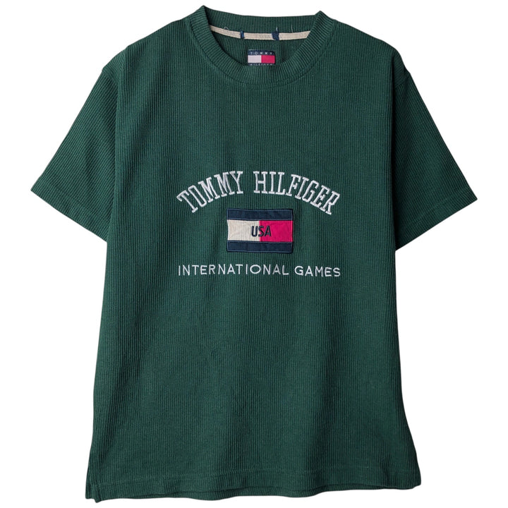 1990'S Tommy Hilfiger Short-Sleeve Cotton Knit Sweater, Women's Size L (approx.), Vintage cotton green type Vintage Second Hand