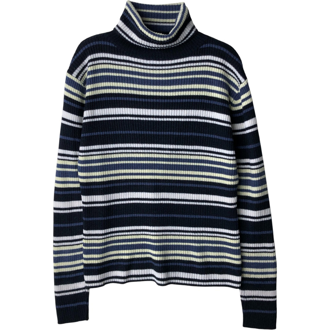 GREAT AMERICAN SWEATER CO. Multi-border ribbed turtleneck acrylic knit sweater, women's size small acrylic navy blue type Vintage Second Hand