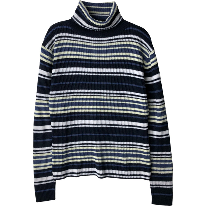 GREAT AMERICAN SWEATER CO. Multi-border ribbed turtleneck acrylic knit sweater, women's size small acrylic navy blue type Vintage Second Hand