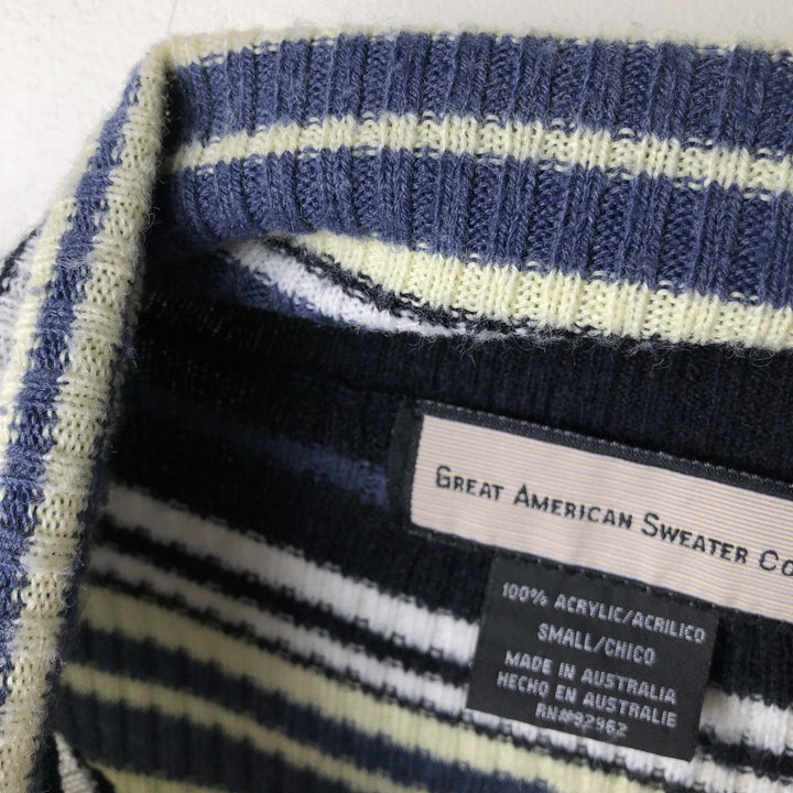 GREAT AMERICAN SWEATER CO. Multi-border ribbed turtleneck acrylic knit sweater, women's size small acrylic navy blue type Vintage Second Hand