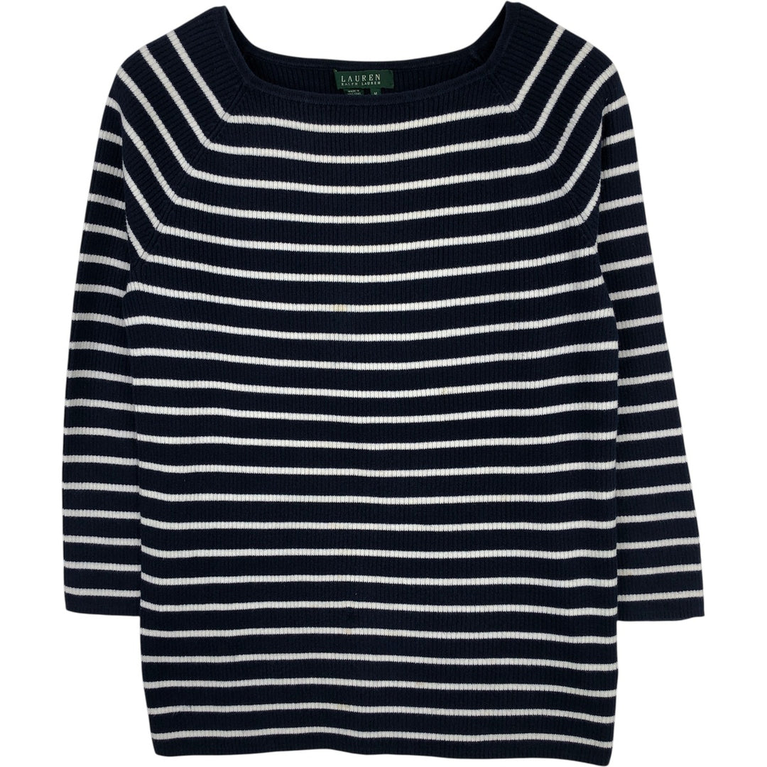 Ralph Lauren LAUREN Striped Pattern Square Neck Ribbed Cotton Knit Sweater, Women's Size M cotton navy blue type Vintage Second Hand