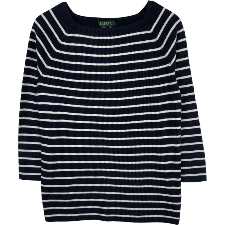 Ralph Lauren LAUREN Striped Pattern Square Neck Ribbed Cotton Knit Sweater, Women's Size M cotton navy blue type Vintage Second Hand