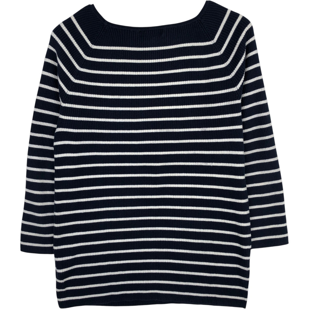 Ralph Lauren LAUREN Striped Pattern Square Neck Ribbed Cotton Knit Sweater, Women's Size M cotton navy blue type Vintage Second Hand