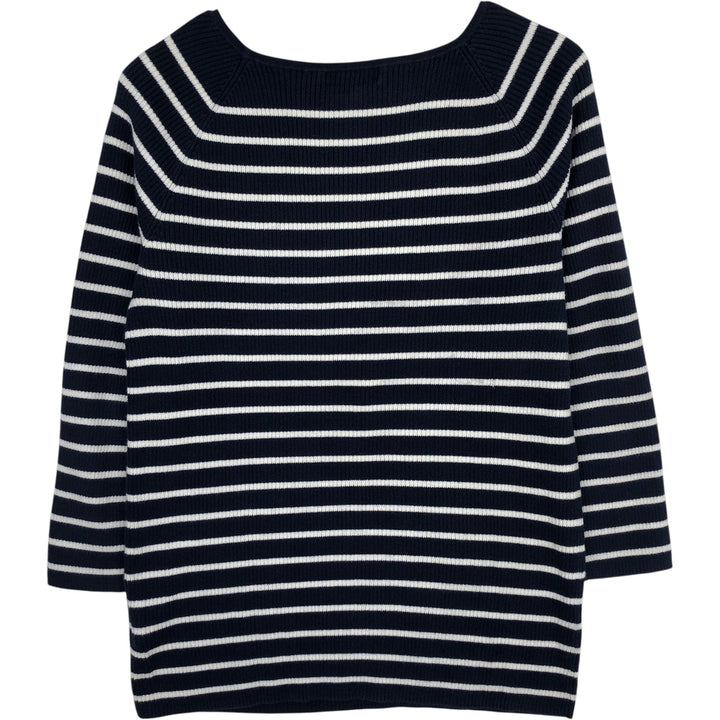 Ralph Lauren LAUREN Striped Pattern Square Neck Ribbed Cotton Knit Sweater, Women's Size M cotton navy blue type Vintage Second Hand