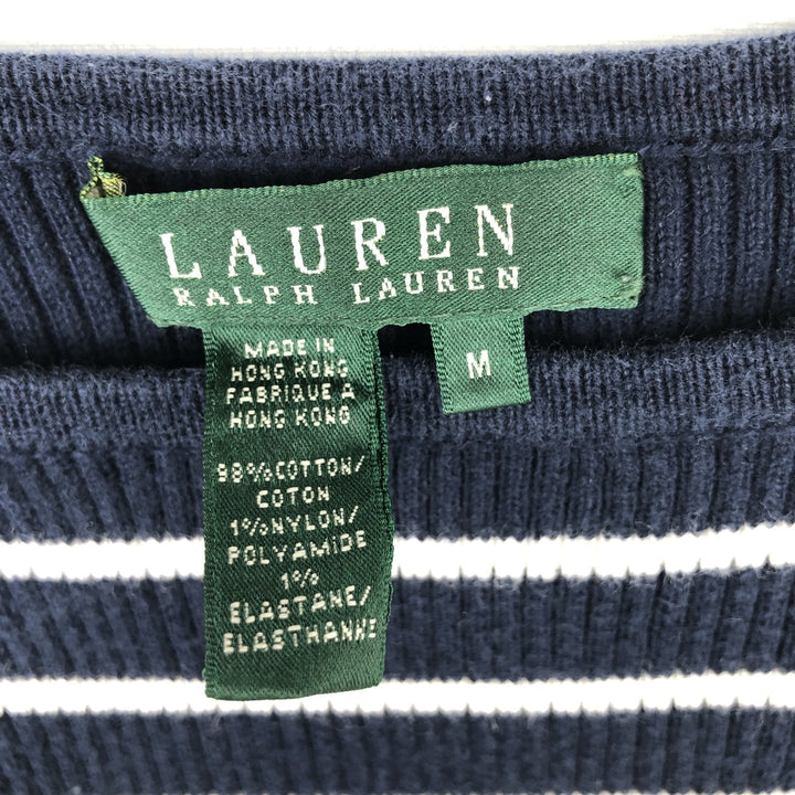 Ralph Lauren LAUREN Striped Pattern Square Neck Ribbed Cotton Knit Sweater, Women's Size M cotton navy blue type Vintage Second Hand