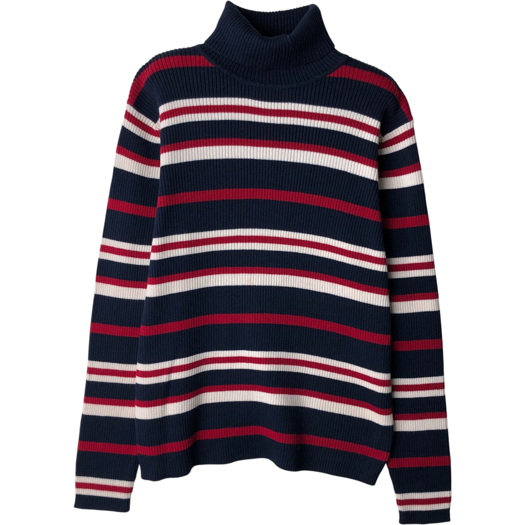 KAREN SCOTT PETITES Multi-Border Ribbed Turtleneck Cotton Knit Sweater, Women's Size Medium cotton navy blue type Vintage Second Hand