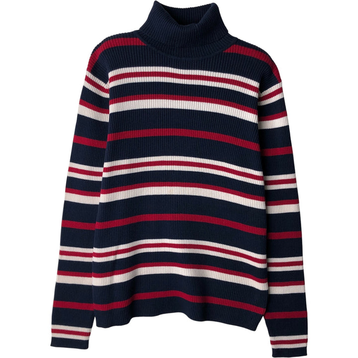 KAREN SCOTT PETITES Multi-Border Ribbed Turtleneck Cotton Knit Sweater, Women's Size Medium cotton navy blue type Vintage Second Hand