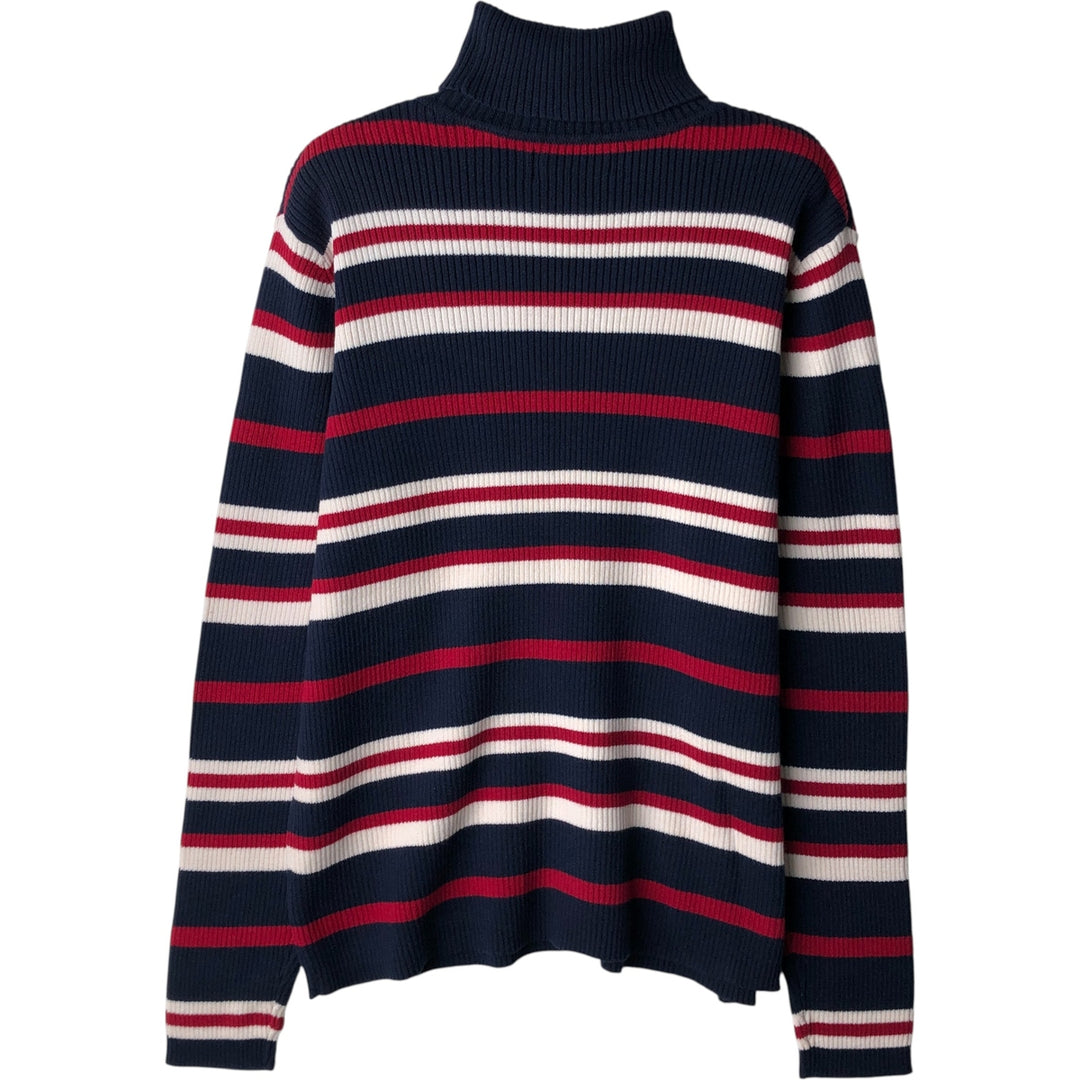 KAREN SCOTT PETITES Multi-Border Ribbed Turtleneck Cotton Knit Sweater, Women's Size Medium cotton navy blue type Vintage Second Hand