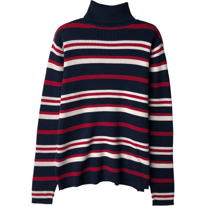 KAREN SCOTT PETITES Multi-Border Ribbed Turtleneck Cotton Knit Sweater, Women's Size Medium cotton navy blue type Vintage Second Hand