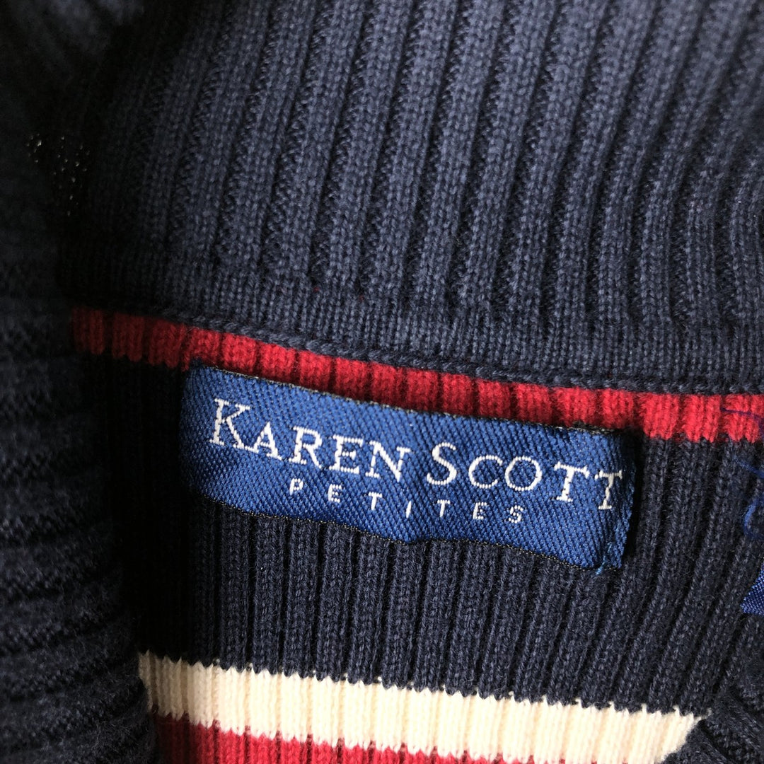 KAREN SCOTT PETITES Multi-Border Ribbed Turtleneck Cotton Knit Sweater, Women's Size Medium cotton navy blue type Vintage Second Hand