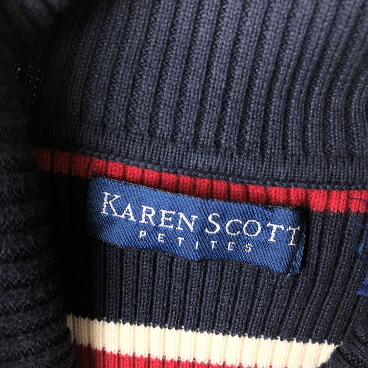 KAREN SCOTT PETITES Multi-Border Ribbed Turtleneck Cotton Knit Sweater, Women's Size Medium cotton navy blue type Vintage Second Hand