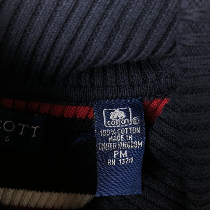KAREN SCOTT PETITES Multi-Border Ribbed Turtleneck Cotton Knit Sweater, Women's Size Medium cotton navy blue type Vintage Second Hand