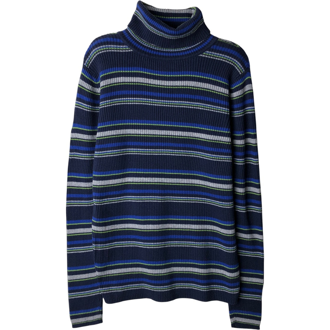 Border Pattern Multi-border Ribbed Turtleneck Acrylic Knit Sweater, Women's Size Medium unclear navy blue type Vintage Second Hand