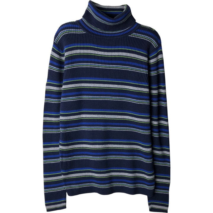 Border Pattern Multi-border Ribbed Turtleneck Acrylic Knit Sweater, Women's Size Medium unclear navy blue type Vintage Second Hand