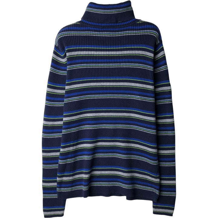 Border Pattern Multi-border Ribbed Turtleneck Acrylic Knit Sweater, Women's Size Medium unclear navy blue type Vintage Second Hand