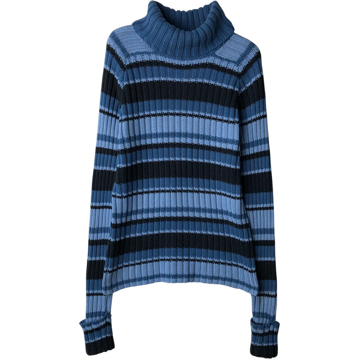 HILLARD AND HANSON Multi-Border Ribbed Turtleneck Cotton and Acrylic Knit Sweater, Women's Size Small acrylic blue type Vintage Second Hand