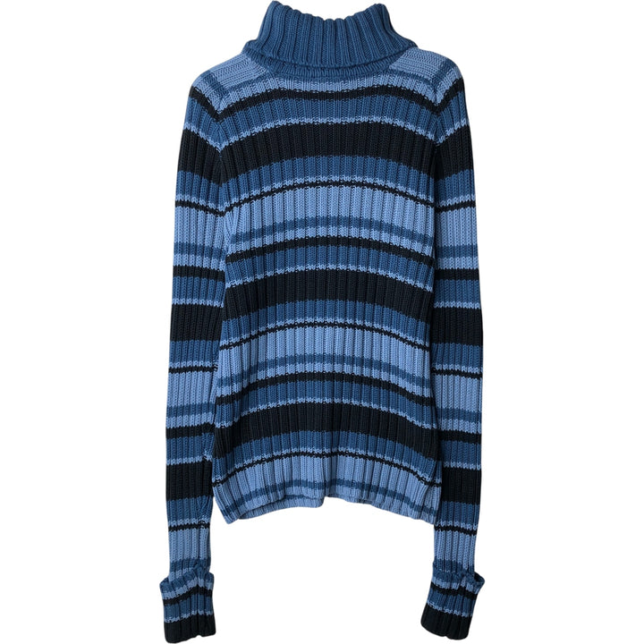 HILLARD AND HANSON Multi-Border Ribbed Turtleneck Cotton and Acrylic Knit Sweater, Women's Size Small acrylic blue type Vintage Second Hand