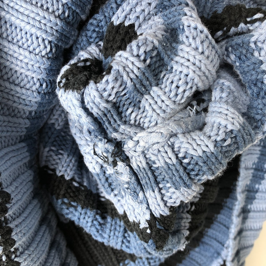HILLARD AND HANSON Multi-Border Ribbed Turtleneck Cotton and Acrylic Knit Sweater, Women's Size Small acrylic blue type Vintage Second Hand