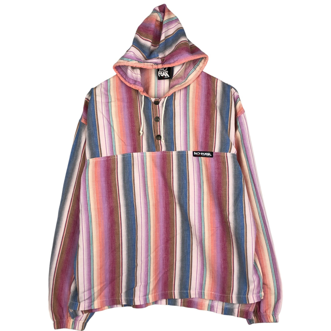 Vintage 90'S No Fear Stripe Pattern Multi-Stripe Half-Snap Cotton Hoodie, Made in USA, Men's Size Medium cotton pink type Vintage Second Hand