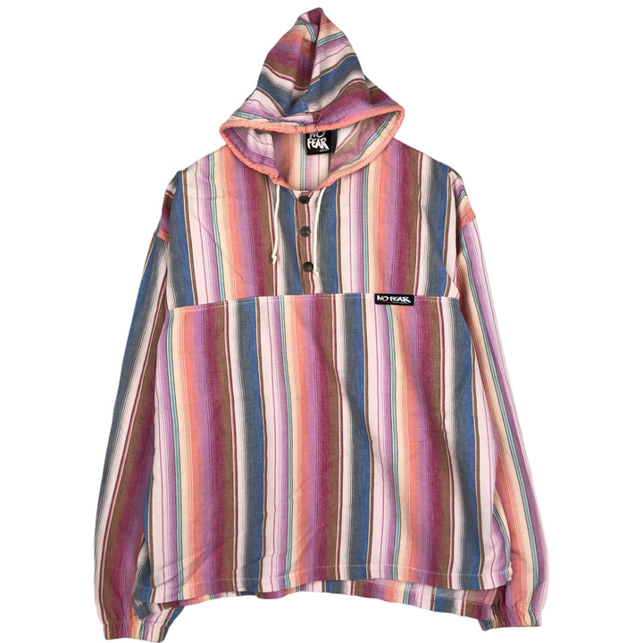 Vintage 90'S No Fear Stripe Pattern Multi-Stripe Half-Snap Cotton Hoodie, Made in USA, Men's Size Medium cotton pink type Vintage Second Hand