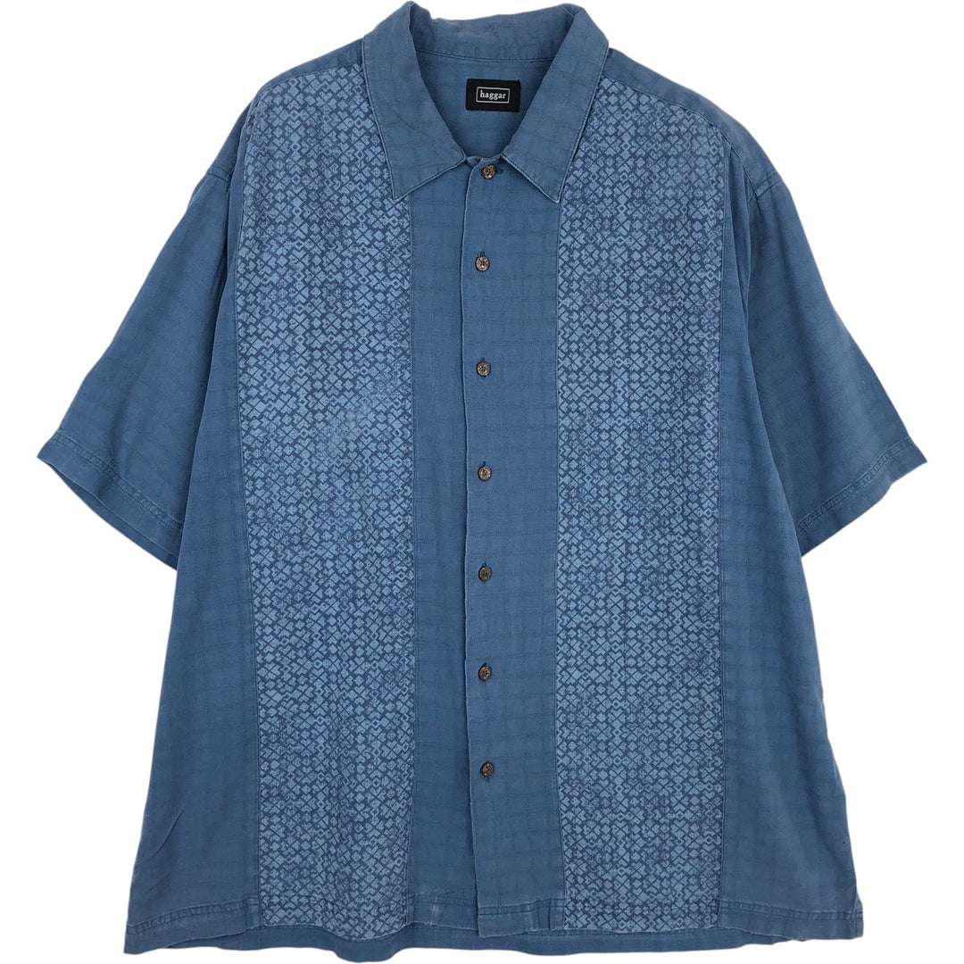 HAGGAR All-over print short-sleeved silk shirt, boxy style, men's size XL. silk blue type Vintage Second Hand