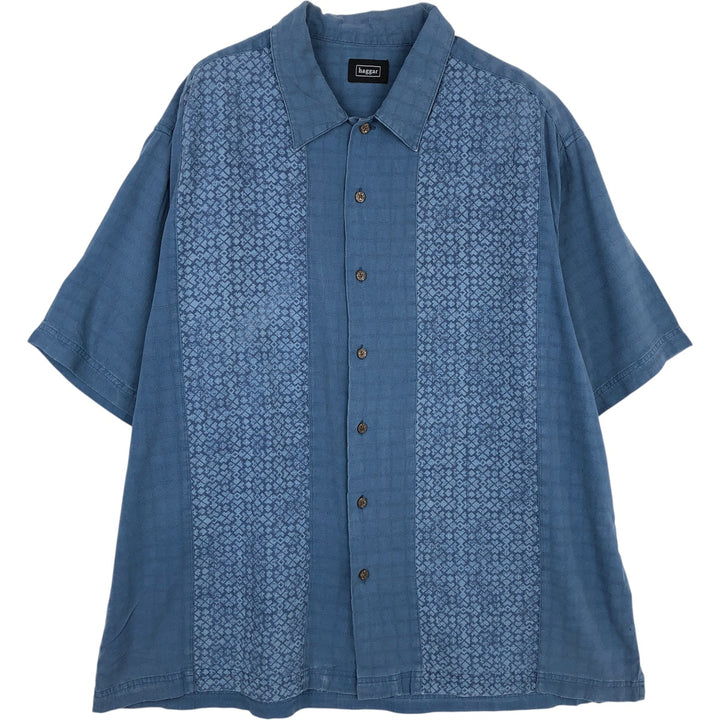 HAGGAR All-over print short-sleeved silk shirt, boxy style, men's size XL. silk blue type Vintage Second Hand