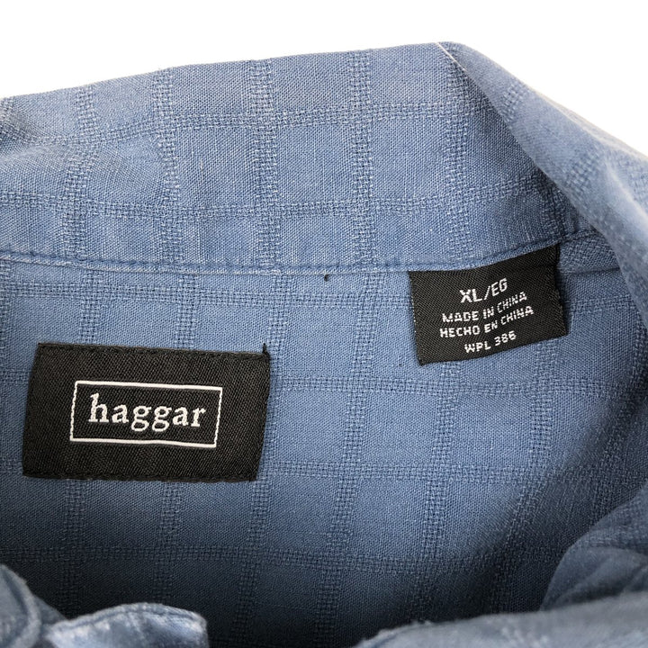 HAGGAR All-over print short-sleeved silk shirt, boxy style, men's size XL. silk blue type Vintage Second Hand