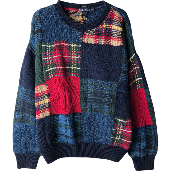 Vintage 90'S Nautica Check Pattern Cotton Knit Sweater, Men's Size L cotton navy blue type Vintage Second Hand