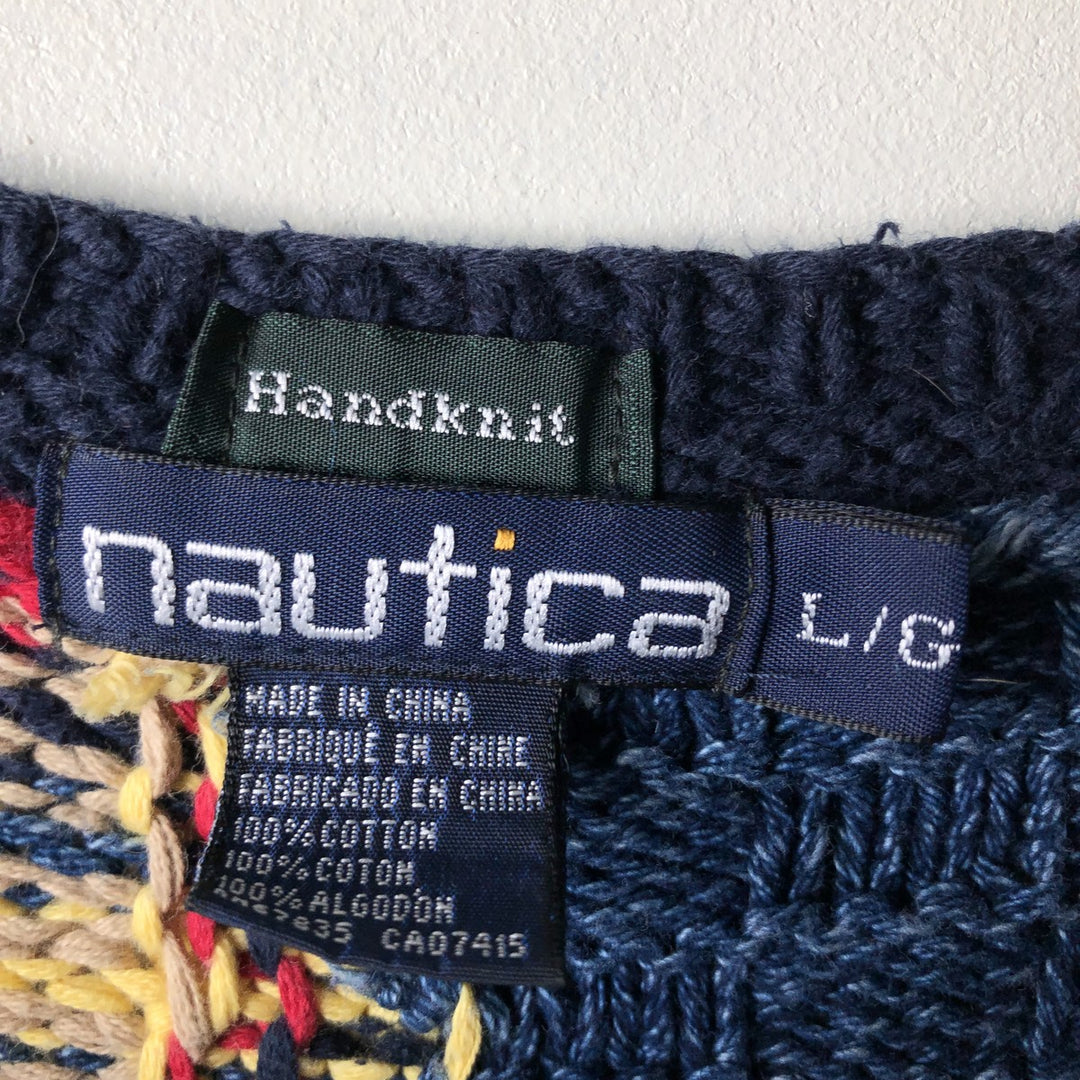 Vintage 90'S Nautica Check Pattern Cotton Knit Sweater, Men's Size L cotton navy blue type Vintage Second Hand