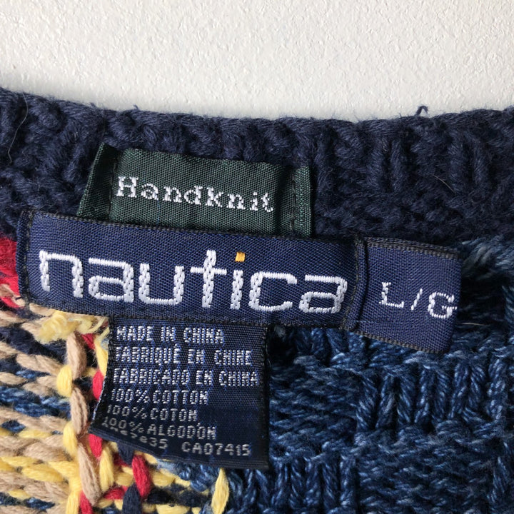 Vintage 90'S Nautica Check Pattern Cotton Knit Sweater, Men's Size L cotton navy blue type Vintage Second Hand