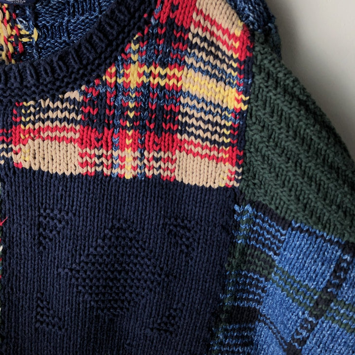 Vintage 90'S Nautica Check Pattern Cotton Knit Sweater, Men's Size L cotton navy blue type Vintage Second Hand