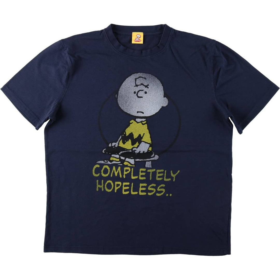 PEANUTS Charlie Brown Character Print T-Shirt (Men's Size M) cotton navy blue type Vintage Second Hand