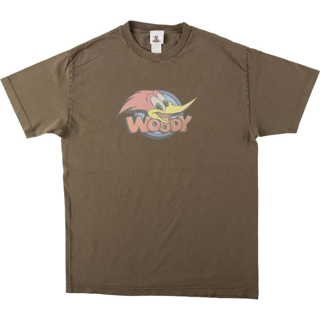 Woody Woodpecker anime character print T-shirt, men's size L (approx.) cotton brown type Vintage Second Hand