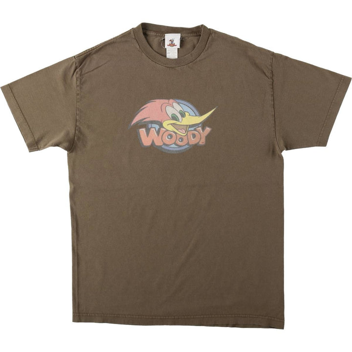 Woody Woodpecker anime character print T-shirt, men's size L (approx.) cotton brown type Vintage Second Hand