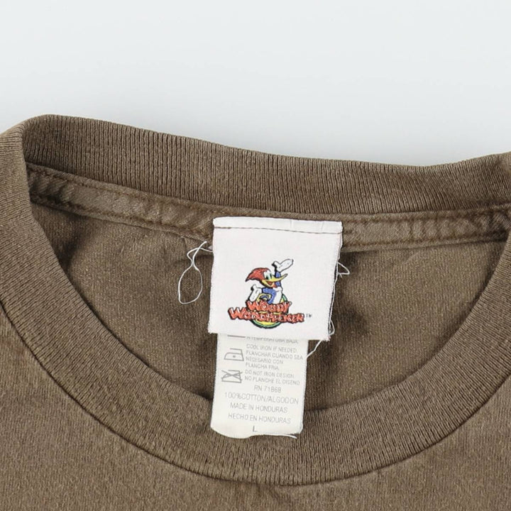 Woody Woodpecker anime character print T-shirt, men's size L (approx.) cotton brown type Vintage Second Hand