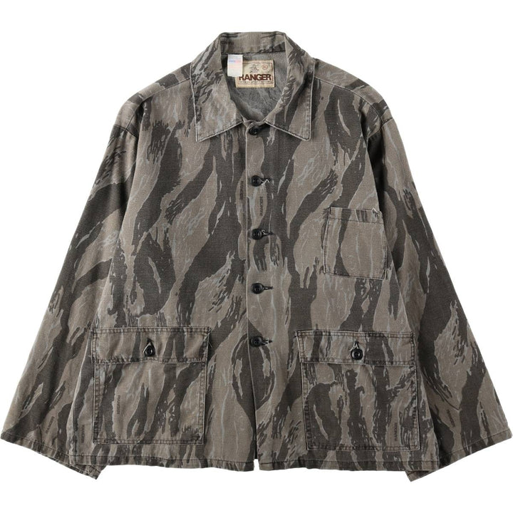 80'S Ranger Camouflage Pattern Tiger Stripe Camo Hunting Shirt Jacket, Made in USA, Men's XL (approx.), Vintage unclear gray type Vintage Second Hand